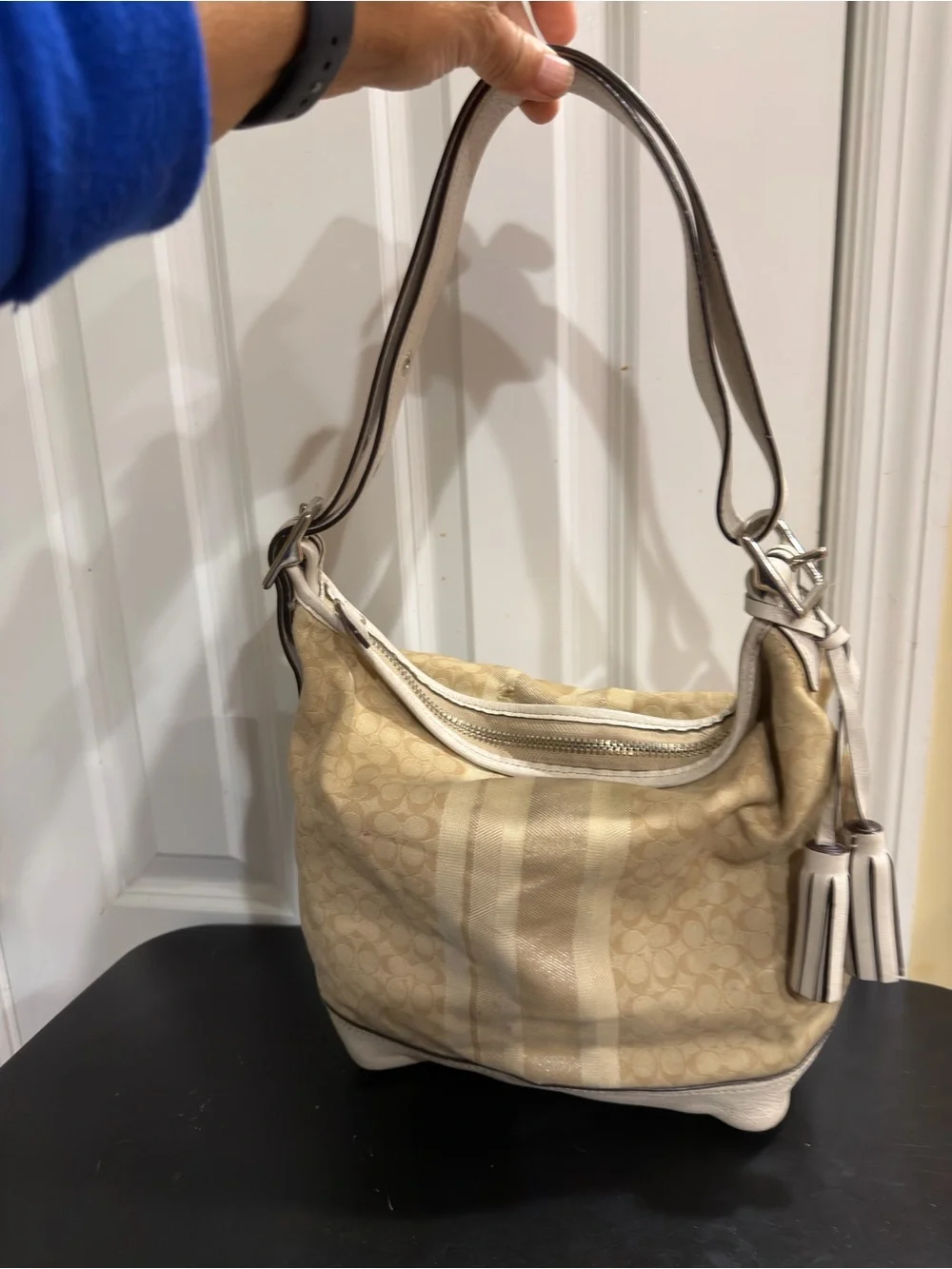 Coach Cream Signature Stripe Hobo Bag with Tassel 19918